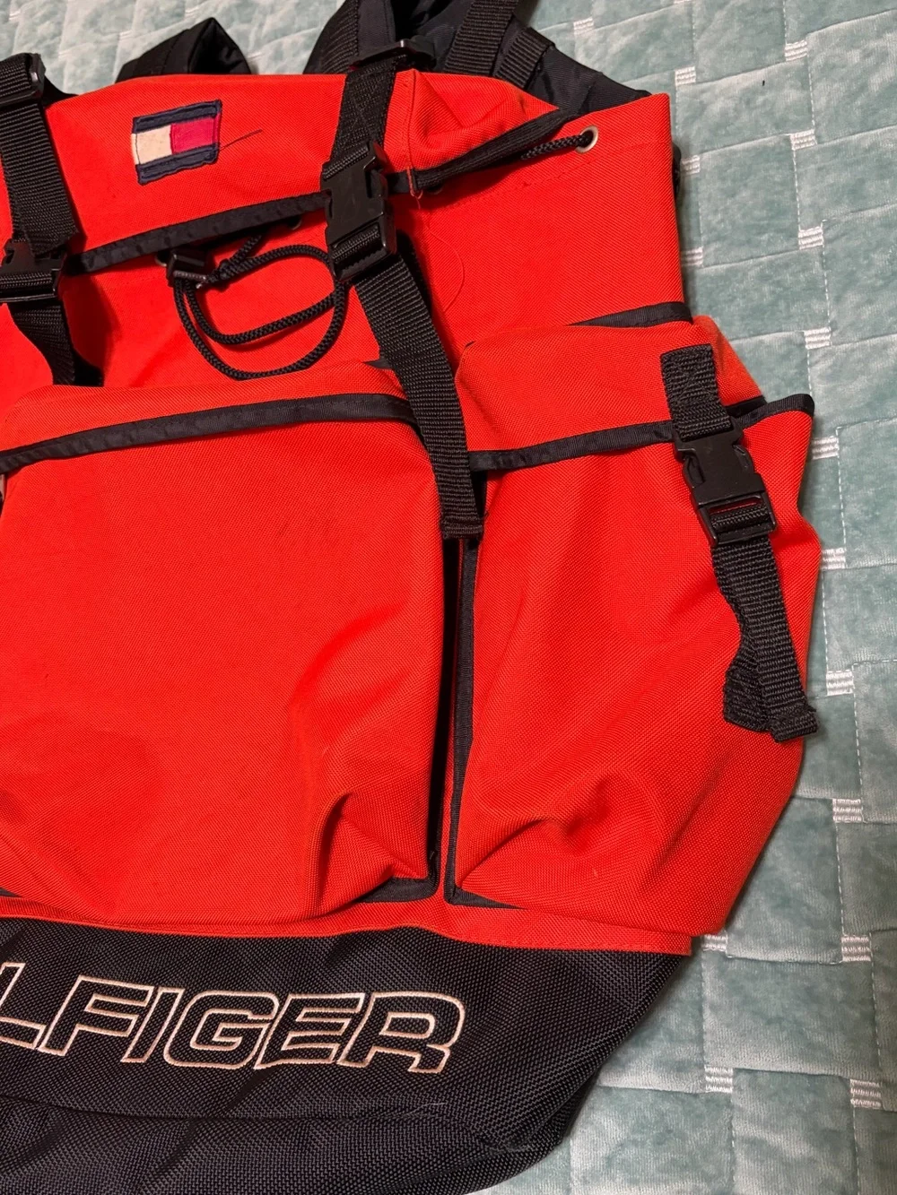 Vintage Tommy Hilfiger Orange Black Multi Pocket Backpack Hiking Travel Bag